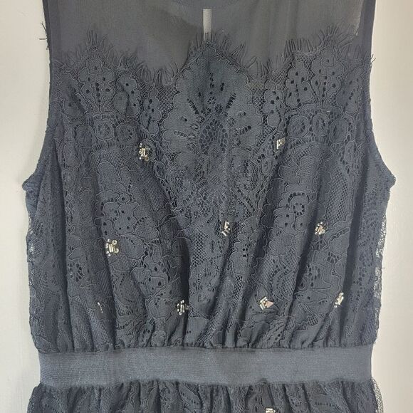 Anthropologie Meadow Rue Black Lace Sequined Sheer Collar Sleeveless Peplum Top - Picture 2 of 11